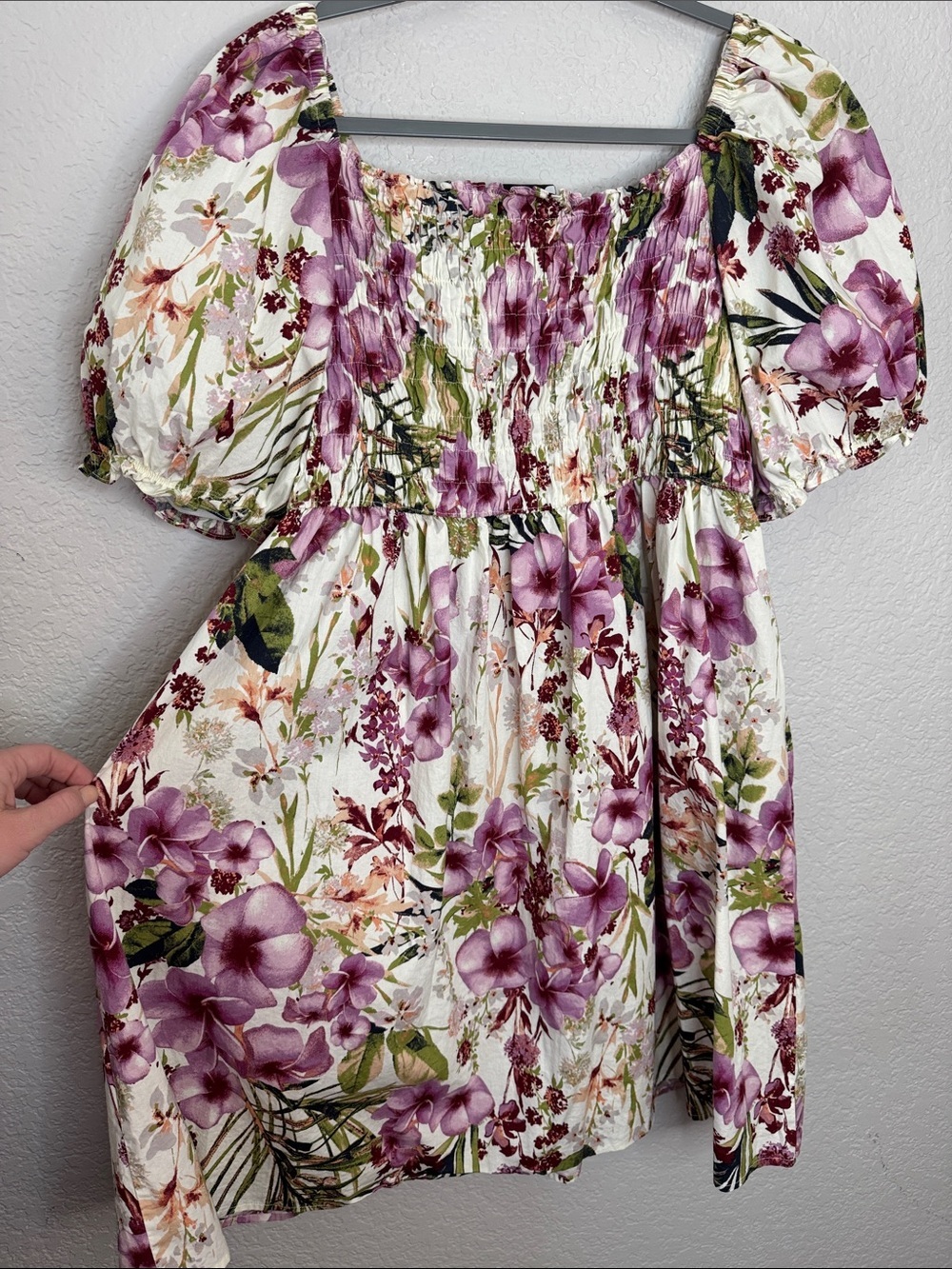Floral Smocked Puff Sleeve Mini Dress XL Nursing Bump Friendly Summer Cotton - Picture 6 of 7